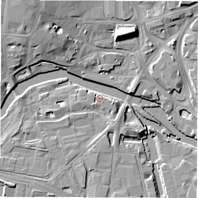 Shaded relief map of the ground around LS101HP, computed from Environment Agency LiDAR. The ground here sits at about 27 m above sea level and falls 15 m across the surrounding 800 m. Surface water reaching this point runs off ground lying to the north-west, 2.0 m higher.