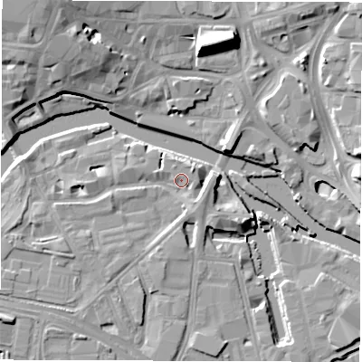 Shaded relief map of the ground around LS101HQ, computed from Environment Agency LiDAR. The ground here sits at about 27 m above sea level and falls 14 m across the surrounding 800 m. Surface water reaching this point runs off ground lying to the south-east, 2.9 m higher.