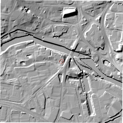 Shaded relief map of the ground around LS101HR, computed from Environment Agency LiDAR. The ground here sits at about 27 m above sea level and falls 14 m across the surrounding 800 m. Surface water reaching this point runs off ground lying to the east, 4.5 m higher.
