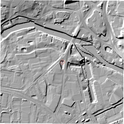 Shaded relief map of the ground around LS101HU, computed from Environment Agency LiDAR. The ground here sits at about 26 m above sea level and falls 13 m across the surrounding 800 m. Surface water reaching this point runs off ground lying to the north-north-east, 2.7 m higher.