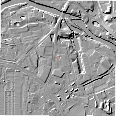 Shaded relief map of the ground around LS101HW, computed from Environment Agency LiDAR. The ground here sits at about 26 m above sea level and falls 12 m across the surrounding 800 m. The ground contributing surface water to this point lies to the west-north-west.