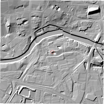 Shaded relief map of the ground around LS101JA, computed from Environment Agency LiDAR. The ground here sits at about 27 m above sea level and falls 15 m across the surrounding 800 m. Surface water reaching this point runs off ground lying to the east, 3.7 m higher.