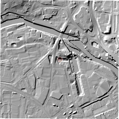 Shaded relief map of the ground around LS101JB, computed from Environment Agency LiDAR. The ground here sits at about 24 m above sea level and falls 12 m across the surrounding 800 m. Surface water reaching this point runs off ground lying to the north, 6.1 m higher.