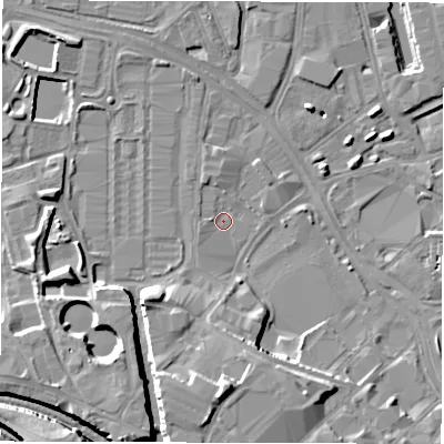 Shaded relief map of the ground around LS101JD, computed from Environment Agency LiDAR. The ground here sits at about 26 m above sea level and falls 13 m across the surrounding 800 m. Surface water reaching this point runs off ground lying to the south-south-west, 8.2 m higher.
