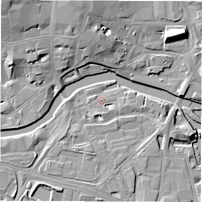 Shaded relief map of the ground around LS101JF, computed from Environment Agency LiDAR. The ground here sits at about 26 m above sea level and falls 18 m across the surrounding 800 m. Surface water reaching this point runs off ground lying to the south-south-east, 2.9 m higher.