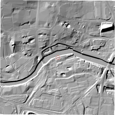 Shaded relief map of the ground around LS101JH, computed from Environment Agency LiDAR. The ground here sits at about 26 m above sea level and falls 19 m across the surrounding 800 m. Surface water reaching this point runs off ground lying to the east-south-east, 4.5 m higher.