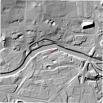 Shaded relief map of the ground around LS101JJ, computed from Environment Agency LiDAR. The ground here sits at about 26 m above sea level and falls 20 m across the surrounding 800 m. Surface water reaching this point runs off ground lying to the east-south-east, 4.5 m higher.