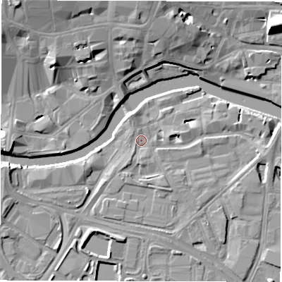 Shaded relief map of the ground around LS101JN, computed from Environment Agency LiDAR. The ground here sits at about 27 m above sea level and falls 14 m across the surrounding 800 m. Surface water reaching this point runs off ground lying to the south-south-east, 1.8 m higher.