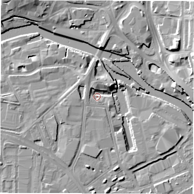 Shaded relief map of the ground around LS101JP, computed from Environment Agency LiDAR. The ground here sits at about 25 m above sea level and falls 12 m across the surrounding 800 m. Surface water reaching this point runs off ground lying to the north, 6.1 m higher.