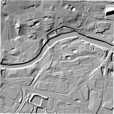 Shaded relief map of the ground around LS101JQ, computed from Environment Agency LiDAR. The ground here sits at about 27 m above sea level and falls 14 m across the surrounding 800 m. Surface water reaching this point runs off ground lying to the east, 3.7 m higher.