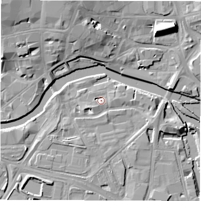Shaded relief map of the ground around LS101JR, computed from Environment Agency LiDAR. The ground here sits at about 26 m above sea level and falls 16 m across the surrounding 800 m. Surface water reaching this point runs off ground lying to the east-south-east, 2.9 m higher.