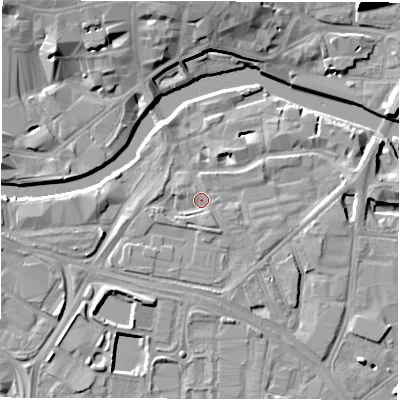 Shaded relief map of the ground around LS101JW, computed from Environment Agency LiDAR. The ground here sits at about 27 m above sea level and falls 12 m across the surrounding 800 m. Surface water reaching this point runs off ground lying to the south-south-east, 1.7 m higher.