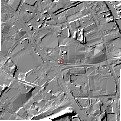 Shaded relief map of the ground around LS101JX, computed from Environment Agency LiDAR. The ground here sits at about 26 m above sea level and falls 16 m across the surrounding 800 m. The ground contributing surface water to this point lies to the north.