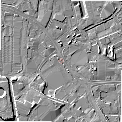 Shaded relief map of the ground around LS101JY, computed from Environment Agency LiDAR. The ground here sits at about 25 m above sea level and falls 12 m across the surrounding 800 m. Surface water reaching this point runs off ground lying to the south-south-west, 9.9 m higher.