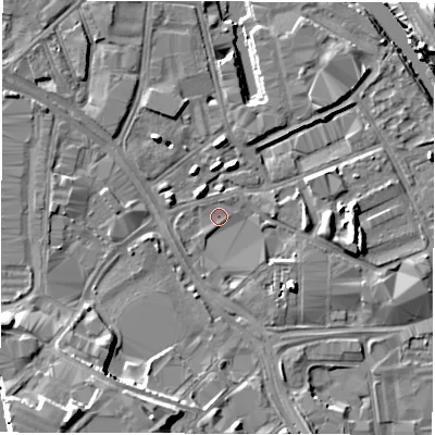 Shaded relief map of the ground around LS101JZ, computed from Environment Agency LiDAR. The ground here sits at about 25 m above sea level and falls 13 m across the surrounding 800 m. Surface water reaching this point runs off ground lying to the south-west, 11.7 m higher.