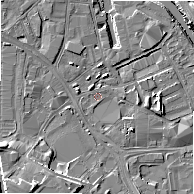 Shaded relief map of the ground around LS101LA, computed from Environment Agency LiDAR. The ground here sits at about 25 m above sea level and falls 12 m across the surrounding 800 m. Surface water reaching this point runs off ground lying to the south-west, 11.7 m higher.
