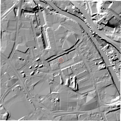 Shaded relief map of the ground around LS101LB, computed from Environment Agency LiDAR. The ground here sits at about 25 m above sea level and falls 29 m across the surrounding 800 m. Surface water reaching this point runs off ground lying to the south, 6.3 m higher.