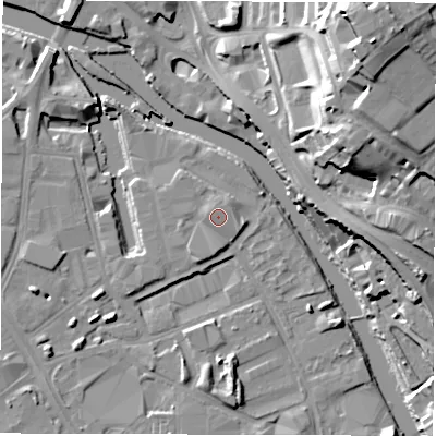 Shaded relief map of the ground around LS101LE, computed from Environment Agency LiDAR. The ground here sits at about 27 m above sea level and falls 35 m across the surrounding 800 m. Surface water reaching this point runs off ground lying to the west-north-west, 0.9 m higher.