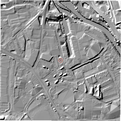 Shaded relief map of the ground around LS101LJ, computed from Environment Agency LiDAR. The ground here sits at about 26 m above sea level and falls 17 m across the surrounding 800 m. Surface water reaching this point runs off ground lying to the west, 2.4 m higher.