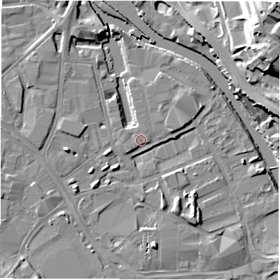 Shaded relief map of the ground around LS101LL, computed from Environment Agency LiDAR. The ground here sits at about 27 m above sea level and falls 31 m across the surrounding 800 m. Surface water reaching this point runs off ground lying to the east-north-east, 1.9 m higher.