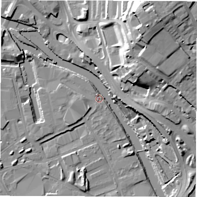 Shaded relief map of the ground around LS101LN, computed from Environment Agency LiDAR. The ground here sits at about 25 m above sea level and falls 35 m across the surrounding 800 m. Surface water reaching this point runs off ground lying to the south, 6.4 m higher.