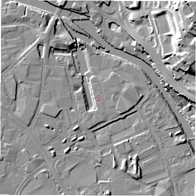 Shaded relief map of the ground around LS101LQ, computed from Environment Agency LiDAR. The ground here sits at about 26 m above sea level and falls 33 m across the surrounding 800 m. Surface water reaching this point runs off ground lying to the east, 0.5 m higher.