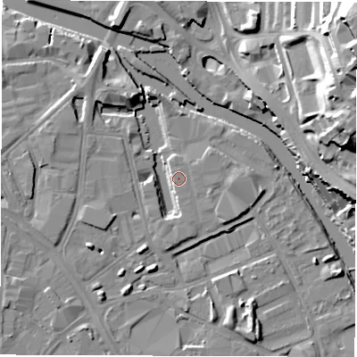 Shaded relief map of the ground around LS101LR, computed from Environment Agency LiDAR. The ground here sits at about 26 m above sea level and falls 33 m across the surrounding 800 m. Surface water reaching this point runs off ground lying to the east-south-east, 0.5 m higher.