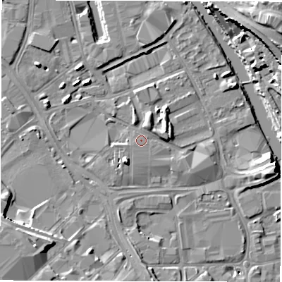 Shaded relief map of the ground around LS101LS, computed from Environment Agency LiDAR. The ground here sits at about 26 m above sea level and falls 19 m across the surrounding 800 m. The ground contributing surface water to this point lies to the east-north-east.