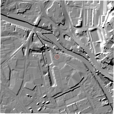 Shaded relief map of the ground around LS101LT, computed from Environment Agency LiDAR. The ground here sits at about 26 m above sea level and falls 33 m across the surrounding 800 m. Surface water reaching this point runs off ground lying to the south-south-east, 1.5 m higher.