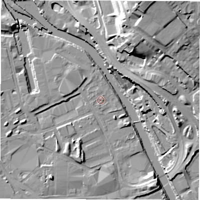 Shaded relief map of the ground around LS101LU, computed from Environment Agency LiDAR. The ground here sits at about 25 m above sea level and falls 32 m across the surrounding 800 m. Surface water reaching this point runs off ground lying to the east, 0.7 m higher.