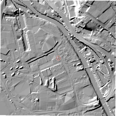 Shaded relief map of the ground around LS101LW, computed from Environment Agency LiDAR. The ground here sits at about 25 m above sea level and falls 31 m across the surrounding 800 m. Surface water reaching this point runs off ground lying to the west-north-west, 2.9 m higher.