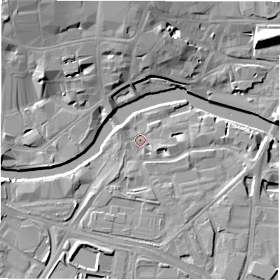 Shaded relief map of the ground around LS101LX, computed from Environment Agency LiDAR. The ground here sits at about 26 m above sea level and falls 15 m across the surrounding 800 m. Surface water reaching this point runs off ground lying to the east, 3.7 m higher.