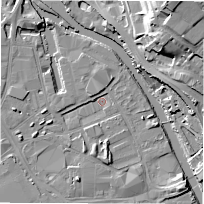 Shaded relief map of the ground around LS101LZ, computed from Environment Agency LiDAR. The ground here sits at about 25 m above sea level and falls 32 m across the surrounding 800 m. Surface water reaching this point runs off ground lying to the north-west, 2.9 m higher.