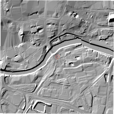 Shaded relief map of the ground around LS101NA, computed from Environment Agency LiDAR. The ground here sits at about 27 m above sea level and falls 16 m across the surrounding 800 m. Surface water reaching this point runs off ground lying to the west-north-west, 1.9 m higher.
