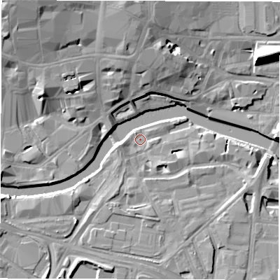 Shaded relief map of the ground around LS101NB, computed from Environment Agency LiDAR. The ground here sits at about 26 m above sea level and falls 17 m across the surrounding 800 m. Surface water reaching this point runs off ground lying to the east-south-east, 3.7 m higher.