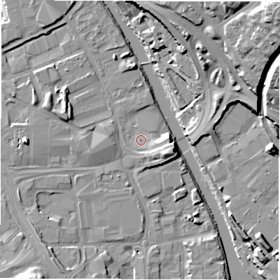 Shaded relief map of the ground around LS101ND, computed from Environment Agency LiDAR. The ground here sits at about 26 m above sea level and falls 25 m across the surrounding 800 m. Surface water reaching this point runs off ground lying to the south-east, 4.7 m higher.
