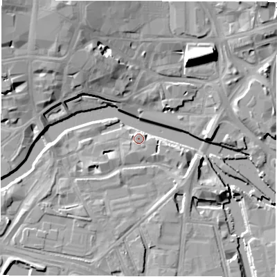 Shaded relief map of the ground around LS101NE, computed from Environment Agency LiDAR. The ground here sits at about 27 m above sea level and falls 17 m across the surrounding 800 m. Surface water reaching this point runs off ground lying to the south, 1.1 m higher.