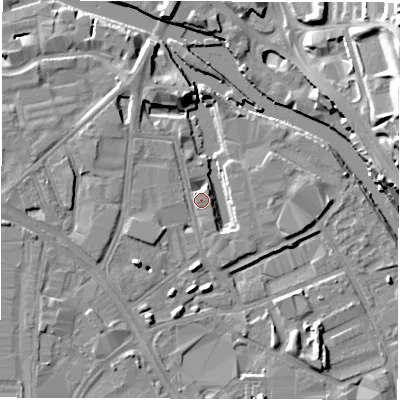 Shaded relief map of the ground around LS101NG, computed from Environment Agency LiDAR. The ground here sits at about 27 m above sea level and falls 22 m across the surrounding 800 m. Surface water reaching this point runs off ground lying to the north-west, 1.2 m higher.
