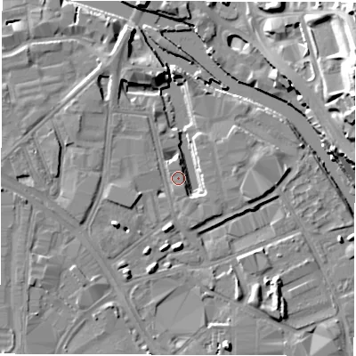Shaded relief map of the ground around LS101NH, computed from Environment Agency LiDAR. The ground here sits at about 26 m above sea level and falls 26 m across the surrounding 800 m. Surface water reaching this point runs off ground lying to the south-east, 2.8 m higher.