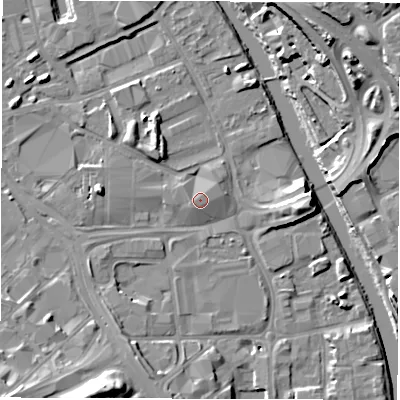 Shaded relief map of the ground around LS101NQ, computed from Environment Agency LiDAR. The ground here sits at about 27 m above sea level and falls 20 m across the surrounding 800 m. Surface water reaching this point runs off ground lying to the west-south-west, 1.0 m higher.