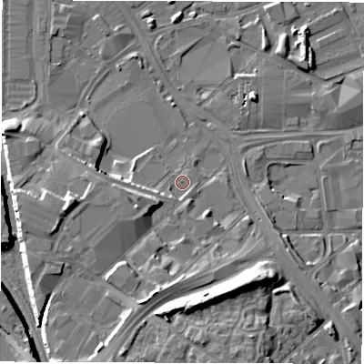 Shaded relief map of the ground around LS101NT, computed from Environment Agency LiDAR. The ground here sits at about 27 m above sea level and falls 14 m across the surrounding 800 m. Surface water reaching this point runs off ground lying to the west-south-west, 5.7 m higher.