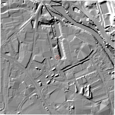 Shaded relief map of the ground around LS101NW, computed from Environment Agency LiDAR. The ground here sits at about 26 m above sea level and falls 26 m across the surrounding 800 m. Surface water reaching this point runs off ground lying to the south-south-east, 0.8 m higher.