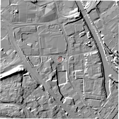 Shaded relief map of the ground around LS101NY, computed from Environment Agency LiDAR. The ground here sits at about 24 m above sea level and falls 16 m across the surrounding 800 m. Surface water reaching this point runs off ground lying to the south-south-west, 7.3 m higher.
