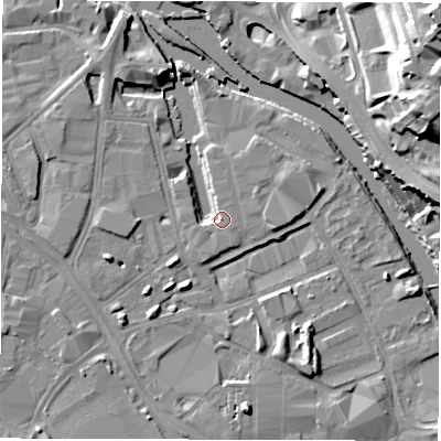 Shaded relief map of the ground around LS101PE, computed from Environment Agency LiDAR. The ground here sits at about 26 m above sea level and falls 32 m across the surrounding 800 m. Surface water reaching this point runs off ground lying to the south-east, 2.8 m higher.