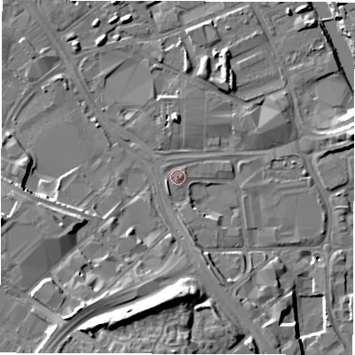 Shaded relief map of the ground around LS101PF, computed from Environment Agency LiDAR. The ground here sits at about 26 m above sea level and falls 17 m across the surrounding 800 m. Surface water reaching this point runs off ground lying to the east, 0.8 m higher.