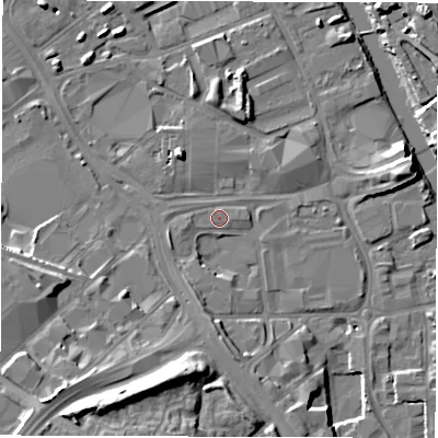 Shaded relief map of the ground around LS101PG, computed from Environment Agency LiDAR. The ground here sits at about 26 m above sea level and falls 17 m across the surrounding 800 m. Surface water reaching this point runs off ground lying to the south-south-west, 2.6 m higher.