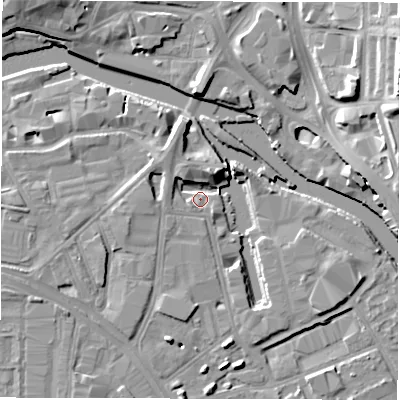 Shaded relief map of the ground around LS101PJ, computed from Environment Agency LiDAR. The ground here sits at about 26 m above sea level and falls 15 m across the surrounding 800 m. Surface water reaching this point runs off ground lying to the west, 3.2 m higher.