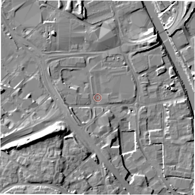 Shaded relief map of the ground around LS101PL, computed from Environment Agency LiDAR. The ground here sits at about 25 m above sea level and falls 17 m across the surrounding 800 m. Surface water reaching this point runs off ground lying to the west-south-west, 3.7 m higher.