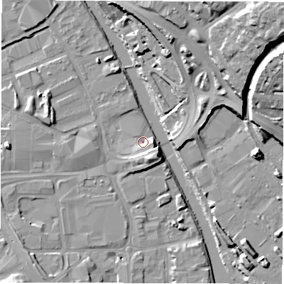 Shaded relief map of the ground around LS101PR, computed from Environment Agency LiDAR. The ground here sits at about 25 m above sea level and falls 26 m across the surrounding 800 m. Surface water reaching this point runs off ground lying to the east-south-east, 4.0 m higher.