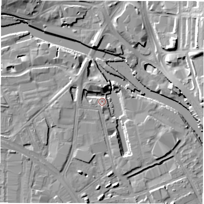 Shaded relief map of the ground around LS101PT, computed from Environment Agency LiDAR. The ground here sits at about 25 m above sea level and falls 16 m across the surrounding 800 m. Surface water reaching this point runs off ground lying to the north-north-west, 6.3 m higher.